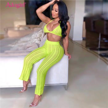 Adogirl 2019 Summer Fishnet Knitted Two Piece Set Women Sexy See Through Night Club Suits Bra Top Pants Casual Beach Outfits